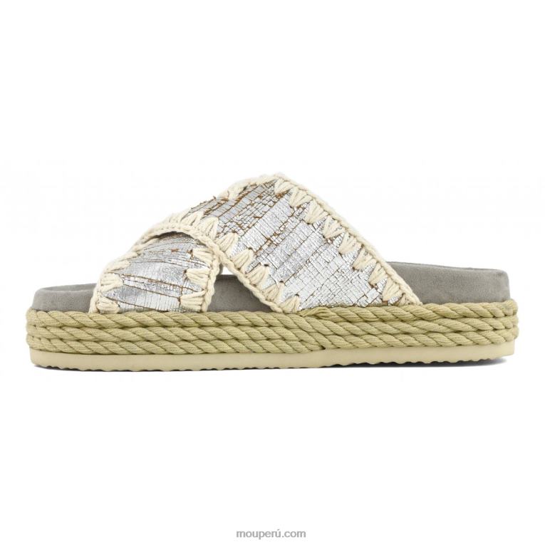 sandalia bio de cuerda entrecruzada mujer 8DRXZ130 corta plata metalizada Mou